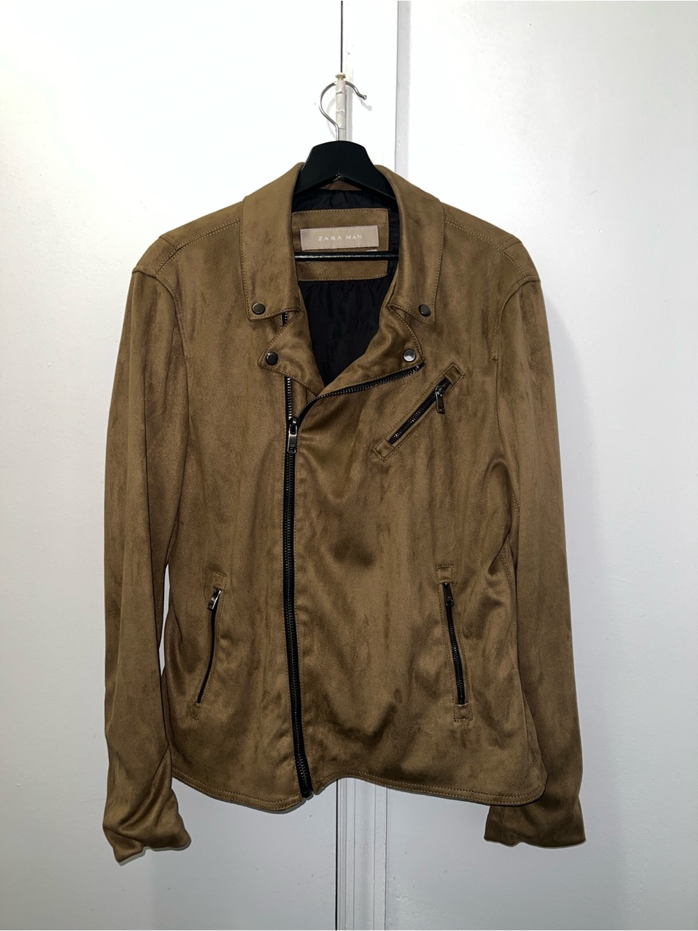 Zara Tan Suede-Effect Asymmetrical Zip Jacket